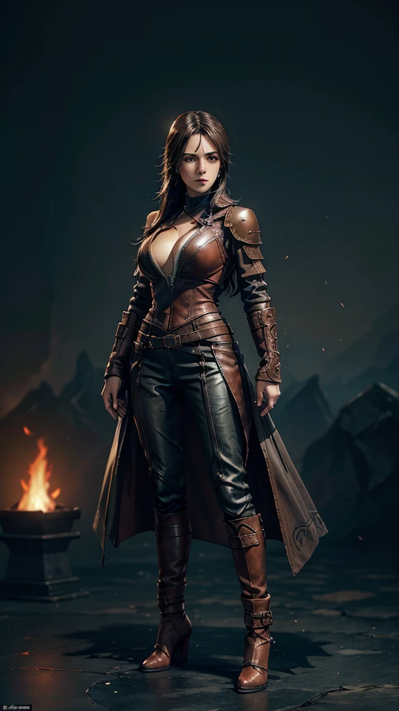 fantasy warrior woman wearing brown leather clothes, brown leather, less detailed clothes, sexy, tight clothing, flat heel shoe, assassin hat, game character design, stylized anime style, ninja assassin, full body, standing in A-pose, ultra realistic, ultra HD, octane render, high quality, masterpiece