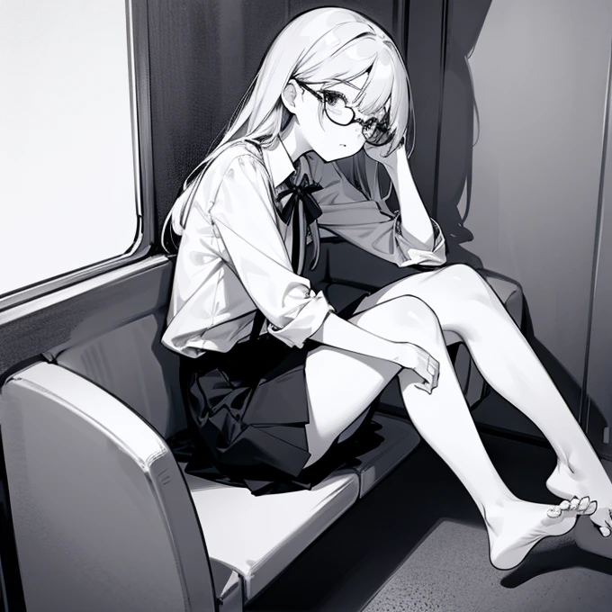 Beautiful girl with glasses, with short skirt,barefoot,Sit with your legs apart,Monochrome,Line art,
