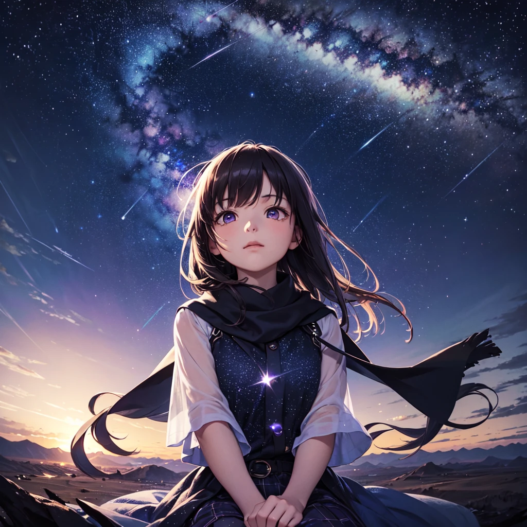 A blue Sky with atmospheric purple and white stars, epic, atmospheric, gazing at the star so bright, cinematic pov