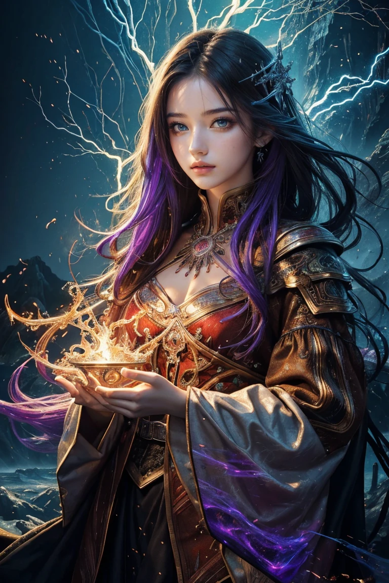 (masterpiece, Highest quality, Highest quality, Official Art, beautifully、aesthetic:1.2), (One girl), extreme detailed,(Abstract, Fractal Art:1.3),Colorful Hair,highest detailed, detailed_eye, fire, water, ice, Lightning, Light_particle, Ghost