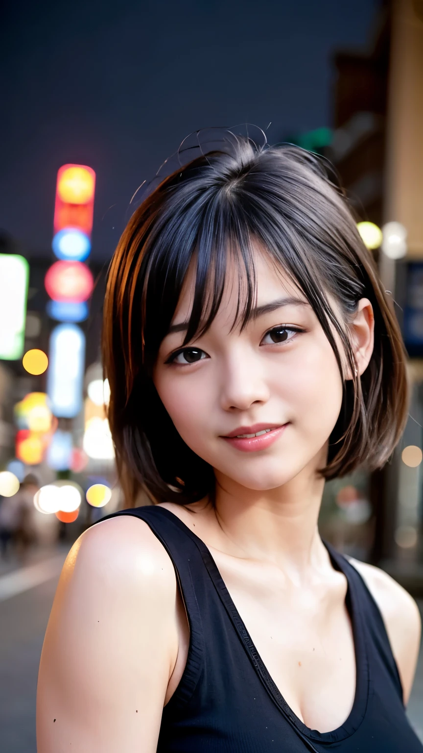 1 girl, Tokyo Street,night, Streetscape,City lights,Upper Body,close,smile,, (8k, RAW Photos, Highest quality, masterpiece:1.2),(Realistic, photo-Realistic:1.37),