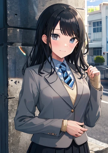 (Idol Master), (Highest quality, 8k, masterpiece, Very detailed:1.2), (Lens flare, Particles of light, Shine), Big Breasts, smile, Open your mouth, masterpiece, Highest quality, Very detailed, High resolution, Very detailedなCG, , Light blue tie, blazer, Grey jacket, Long sleeve, Check skirt, Black Skirt , Embarrassing:1.1), (blush:1.2), Open your mouth, (shout:1.1), (Move a row:1.1), masterpiece, Highest quality, Very detailed, High resolution, Very detailedなCG, Official Art、Long black hair