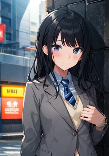   (Idol Master), (Highest quality, 8k, masterpiece, Very detailed:1.2), (Lens flare, Particles of light, Shine), Big Breasts, smile, Open your mouth, masterpiece, Highest quality, Very detailed, High resolution, Very detailedなCG, , Light blue tie, blazer, Grey jacket, Long sleeve, Check skirt, Black Skirt , Embarrassing:1.1), (blush:1.2),  Open your mouth, (shout:1.1), (Move a row:1.1), masterpiece, Highest quality, Very detailed, High resolution, Very detailedなCG, Official Art、Long black hair