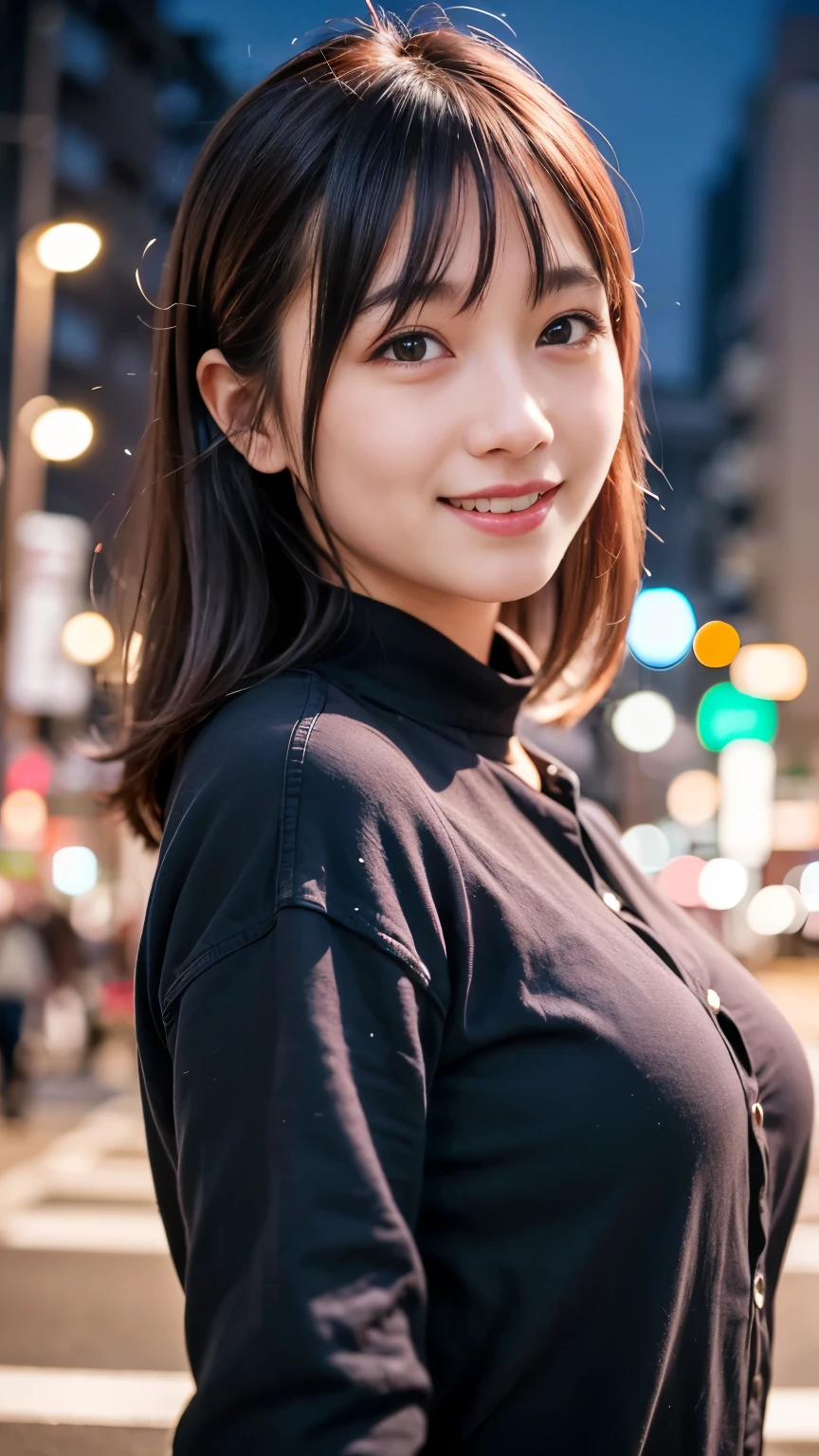 (Highest quality,masterpiece:1.3,Ultra-high resolution),(Very detailed,Caustics,8k),(Realistic:1.4,RAW shooting),1 girl,(Look at the camera with a smile),Side Shot,20-year-old,cute,Japanese,Short black hair,Long sleeve blouse,big ,Bust up shot,street,Face Focus,Natural light,Backlight,Lens flare,Professional Writing