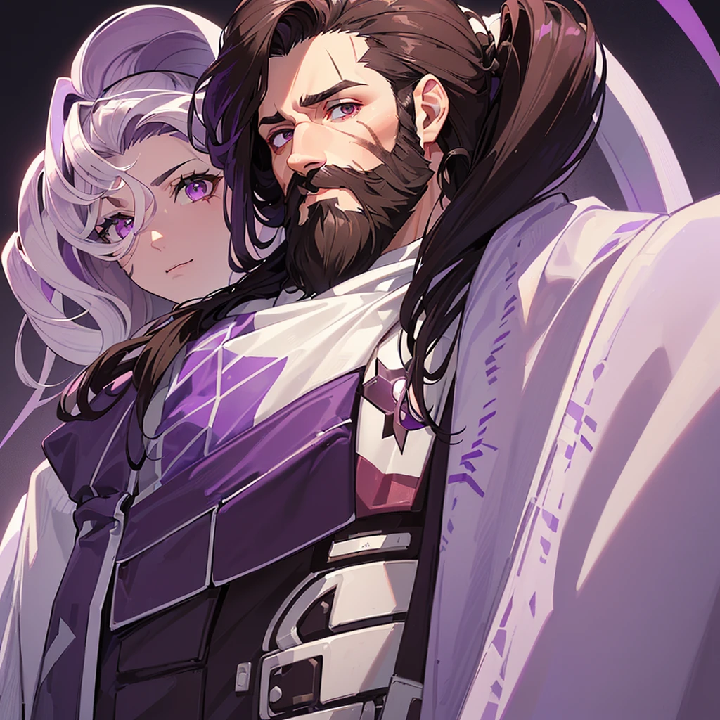 ((A 34-year-old white man)), ((dark brown hair with purple tips combed back)), ((purple eyes and a full beard)), ((scars on the right side of the lip, another on the right eye and one on the left side of the forehead)), ((black overcoat and red dress vest underneath)).