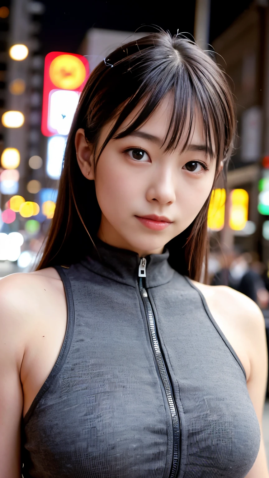 1 girl, Tokyo Street,night, Streetscape,City lights,Upper Body,close,smile,, (8k, RAW Photos, Highest quality, masterpiece:1.2),(Realistic, photo-Realistic:1.37),