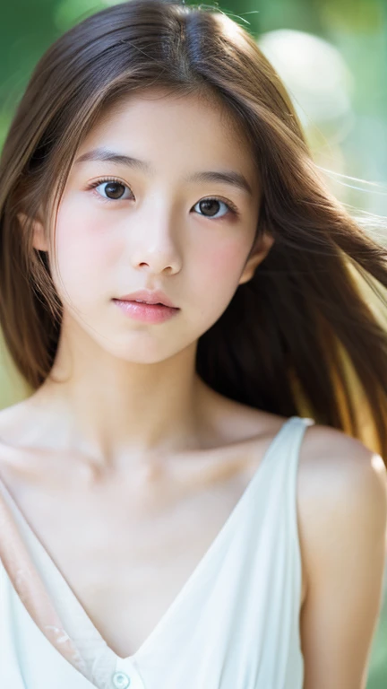 lens: 135mm f1.8,(Highest quality), (Beautiful 14 year old Japanese girl), (Moist lips), Narrow eyes, double eyelid,Delicate clavicle,Flat Chest,Shortcuts,
(Let me'Let's take another look), (close:1.4), shame, A faint smile,
(Spotted sunlight:1.2), Professional Lighting,
(Completely naked), (Sunburned skin:0.2),Full body photo、Full Body Focus