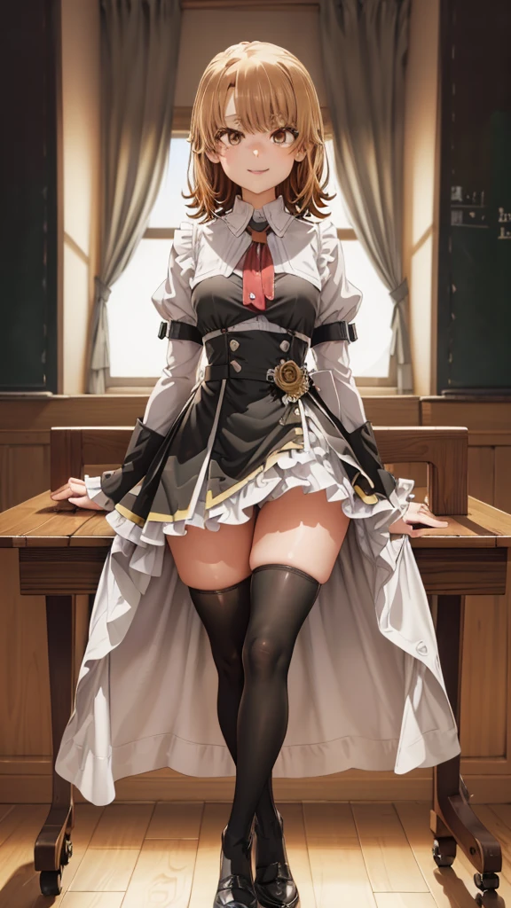 Face Focus , ((Highest quality)), ((Tabletop)), Perfect Face, （((Black knee-highs))) ,   Official Art,Black knee-highsソックス, Ultra-high resolution ,Ultra-high resolution,8k,Beautiful Face,smile,Thick thighs,black tights,Standing posture,One girl,short hair,classroom