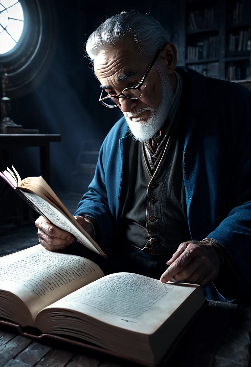 A young techno-mage, Usrican, an old man reading a book, dark and gloomy lighting, cinematic, octane render, post processing, photorealistic, hyper detailed
