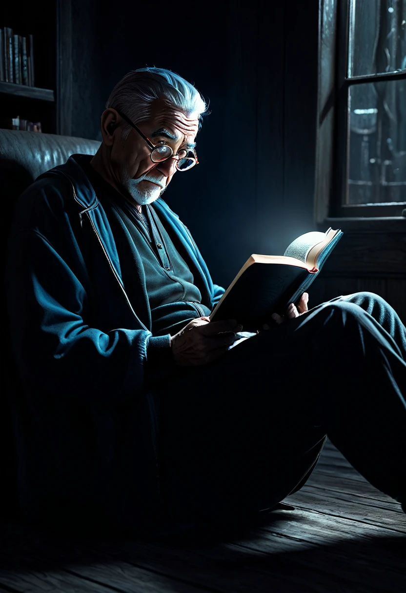 A young techno-mage, Usrican, an old man reading a book, dark and gloomy lighting, cinematic, octane render, post processing, photorealistic, hyper detailed
