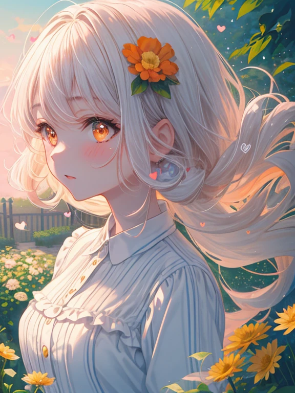 ((Masterpiece)), (best quality), (super-detailed), 1girl, solo, (Heart Pounding:1.3), big eyes, upturned eyes, orange eyes, natural makeup, [white hair:orange hair:0.8], sunny, clear sky, garden with flowers, curly hair, slender, small breast size, casual outfit, upper body, Whimsical watercolor illustration style, Soft pastel palette, Summer-inspired color palette, Close-up of the character's face showing emotion, Character interacting with the environment, official art, Splash anime art, Smooth anime CG art, pixiv, Sequential art, Anime illustration by fujityoko