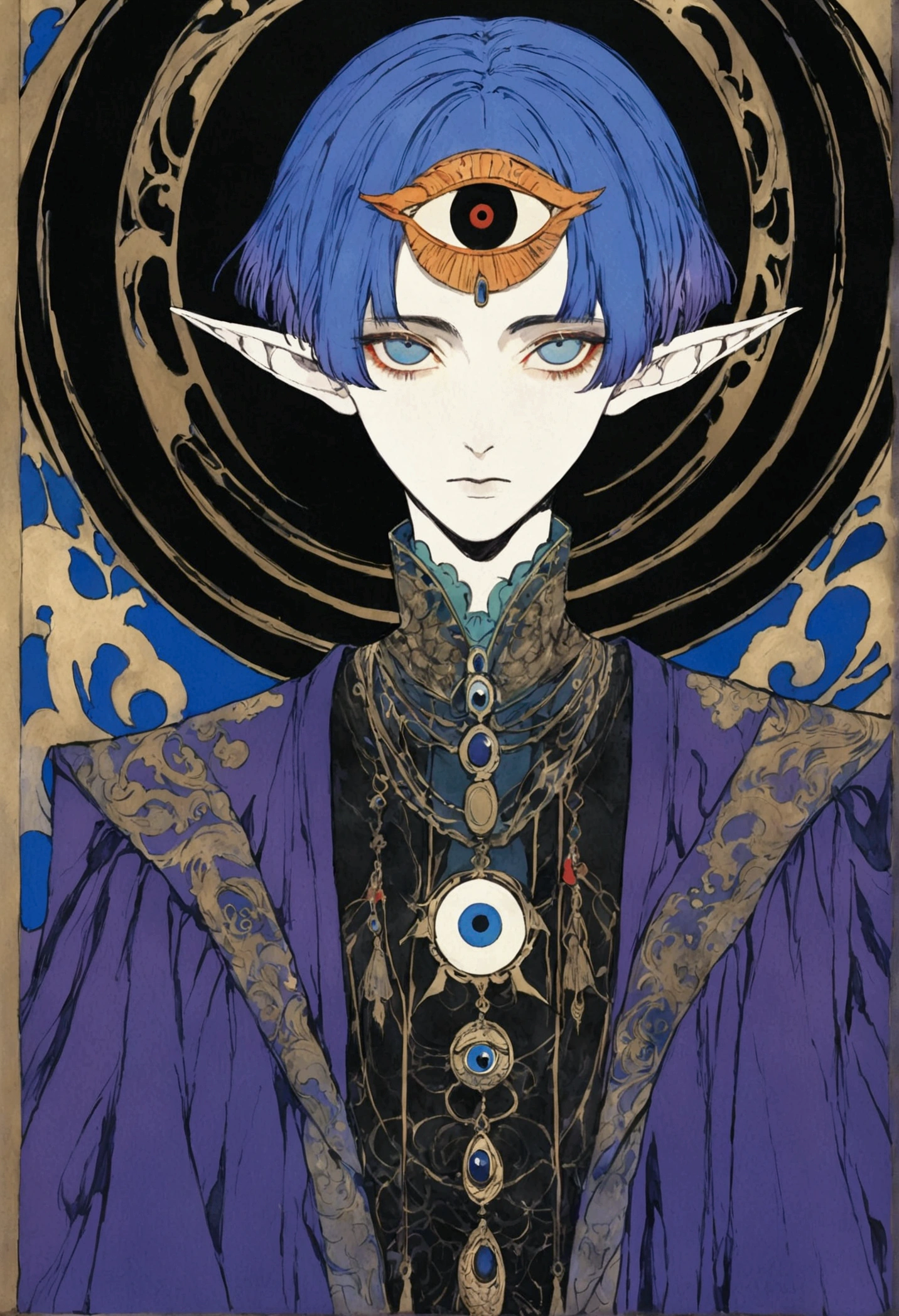 (((Harry Clark (Harry Clarke) style,圣地亚哥·卡鲁索style)))，(((The third eye on the forehead。short hair，Pointed ears，robe)))，Wide Angle，Black and blue，Solid color background
