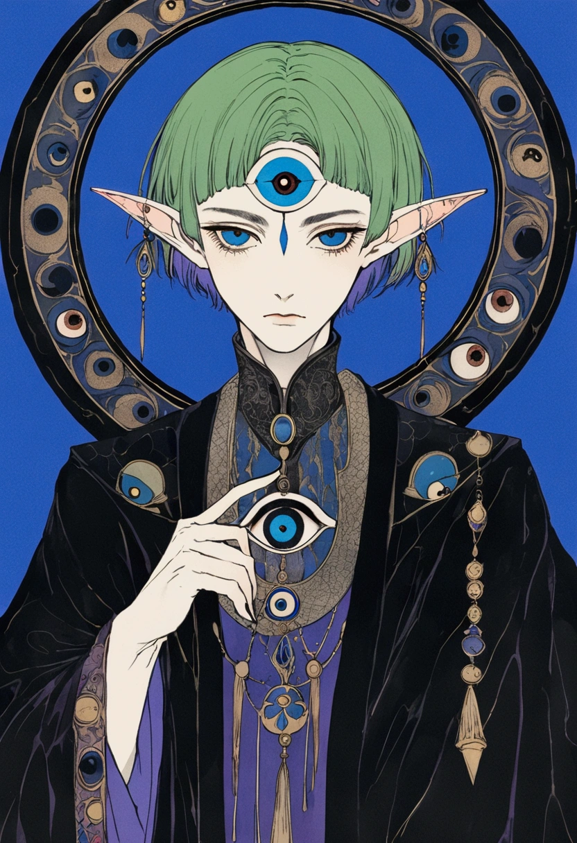(((Harry Clark (Harry Clarke) style,圣地亚哥·卡鲁索style)))，(((The third eye on the forehead。short hair，Pointed ears，robe)))，Wide Angle，Black and blue，Solid color background