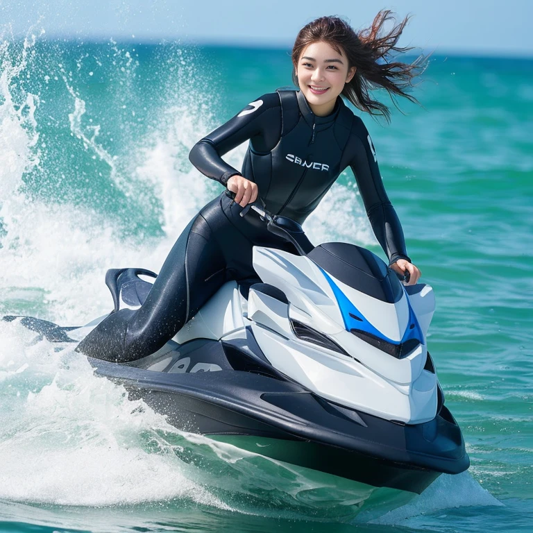 Photo-realistic quality、araffe woman in wetsuit riding a jet ski in the ocean,  Surfer Model, Riding the wind and waves, riding、looking at the camera