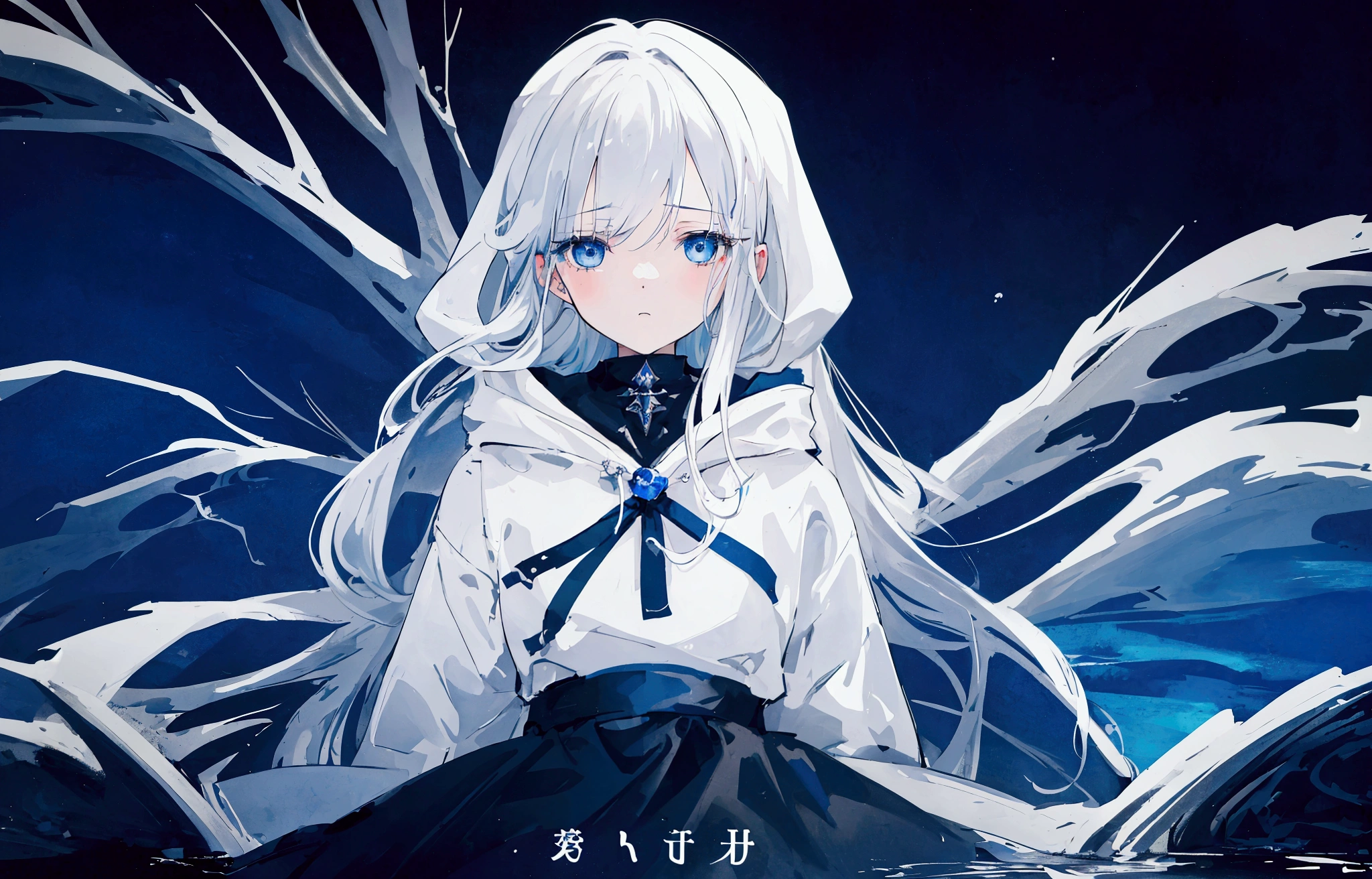 (cinematic), (gloomy), (sad), (masterpiece), (high detail), (album cover), 25 years old lady with blue eyes and white hair wearing white hoodie and black skirt. drown to deep ocean