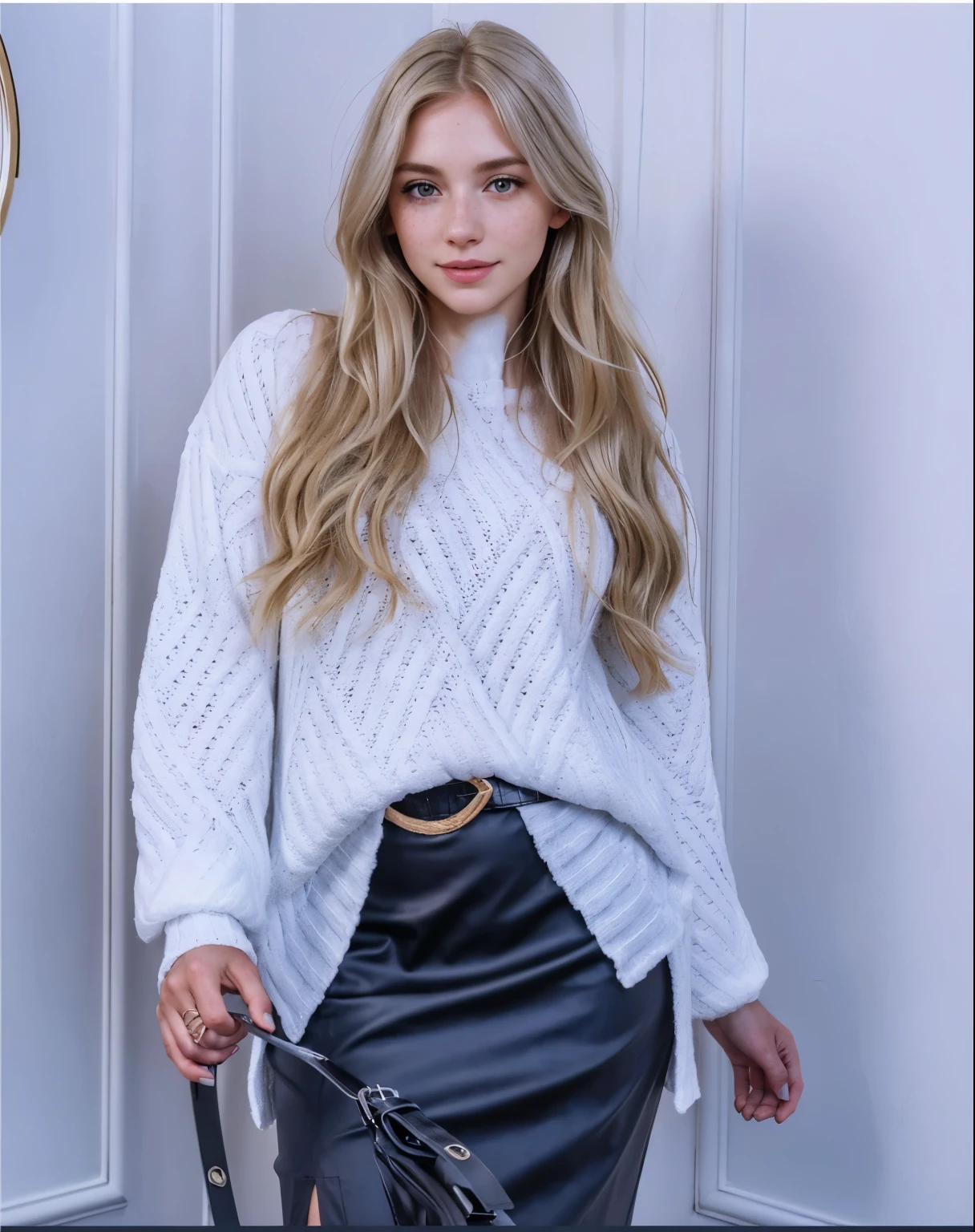 Woman, americana, age 25, pale skin and freckles, gray eyes, delicate nose, soft and delicate lips, far away, cabelo blondie far away e ondulado na altura da cintura, sweet smile, face with delicate feminine facial features, highly rendered