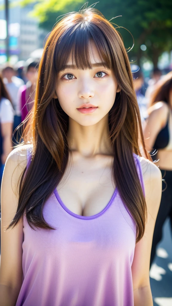 (best quality, 8k, 32k, masterpiece, UHD:1.2), ultra high resolution, (pretty a Korean  girl), 13 years o, beautiful detailed eyes, semi long brown fluffy hair, bangs, (wearing purple tank-top), large breasts, cleavage, (crowded city boulevard on a bright sunny day:1.3), (detailed background:1.5)