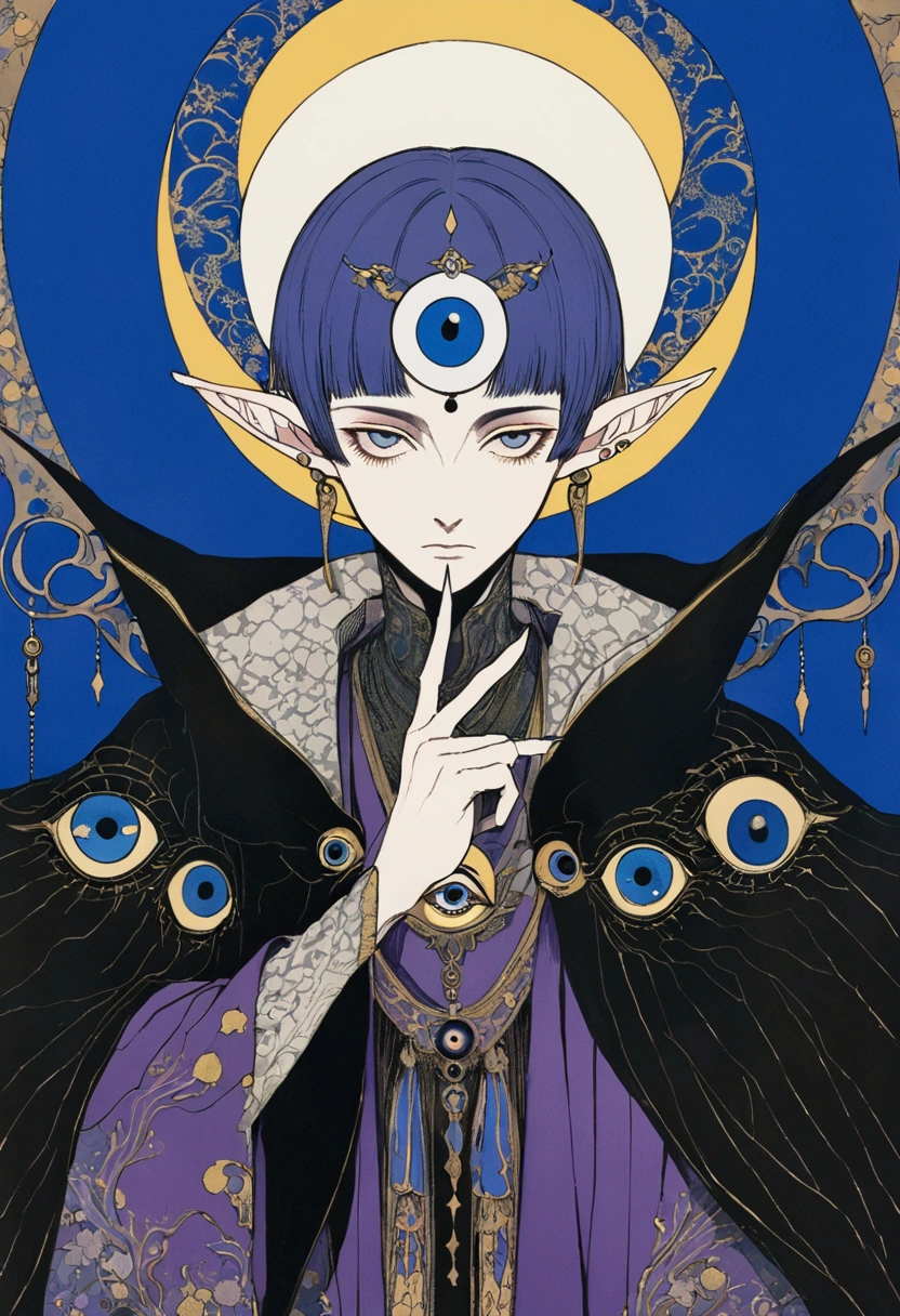 (((Harry Clark (Harry Clarke) style,圣地亚哥·卡鲁索style))),(((The third eye on the forehead。short hair,Pointed ears,robe))),Wide Angle,Black and blue,Solid color background