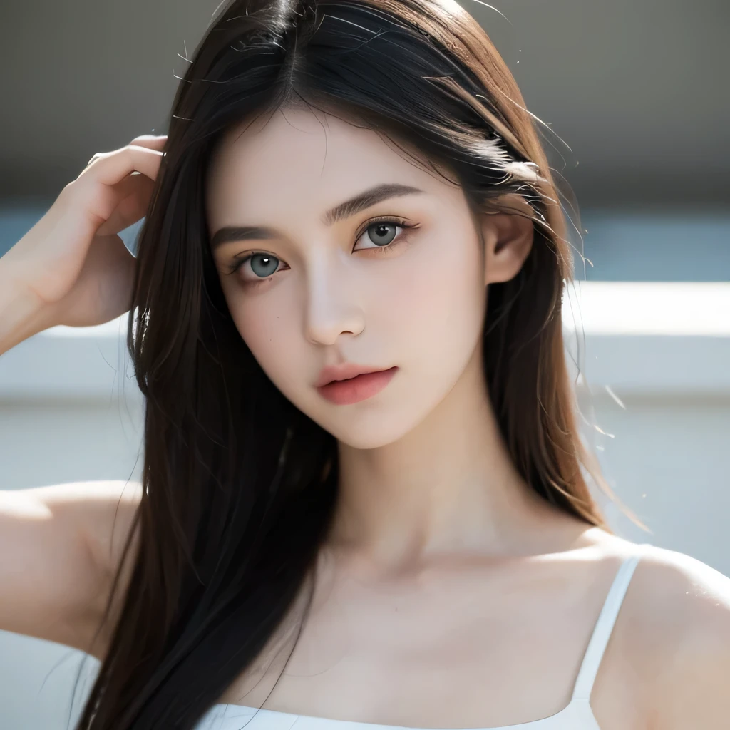 Young Girls, 20 yrs, sports, beautiful, Black Hair, Big green eyes, Light makeup, Attractive appearance, Pale skin, Realistic and natural face, Sweet face, Image details should be high quality(best quality)), ((masterpiece)), (detailed), Perfect face, Ultra HD, 8K, Surrealism, Reality, Be as realistic as possible, ultra-detailed, Realistic soft lighting, Look directly into the camera (Staring at the camera), Photographic Portraits, Can't see the hand, Neutral facial expression, Realistic ears, Don't pose, no jewelry, Face only, detailed skin, No freckles, No acne,