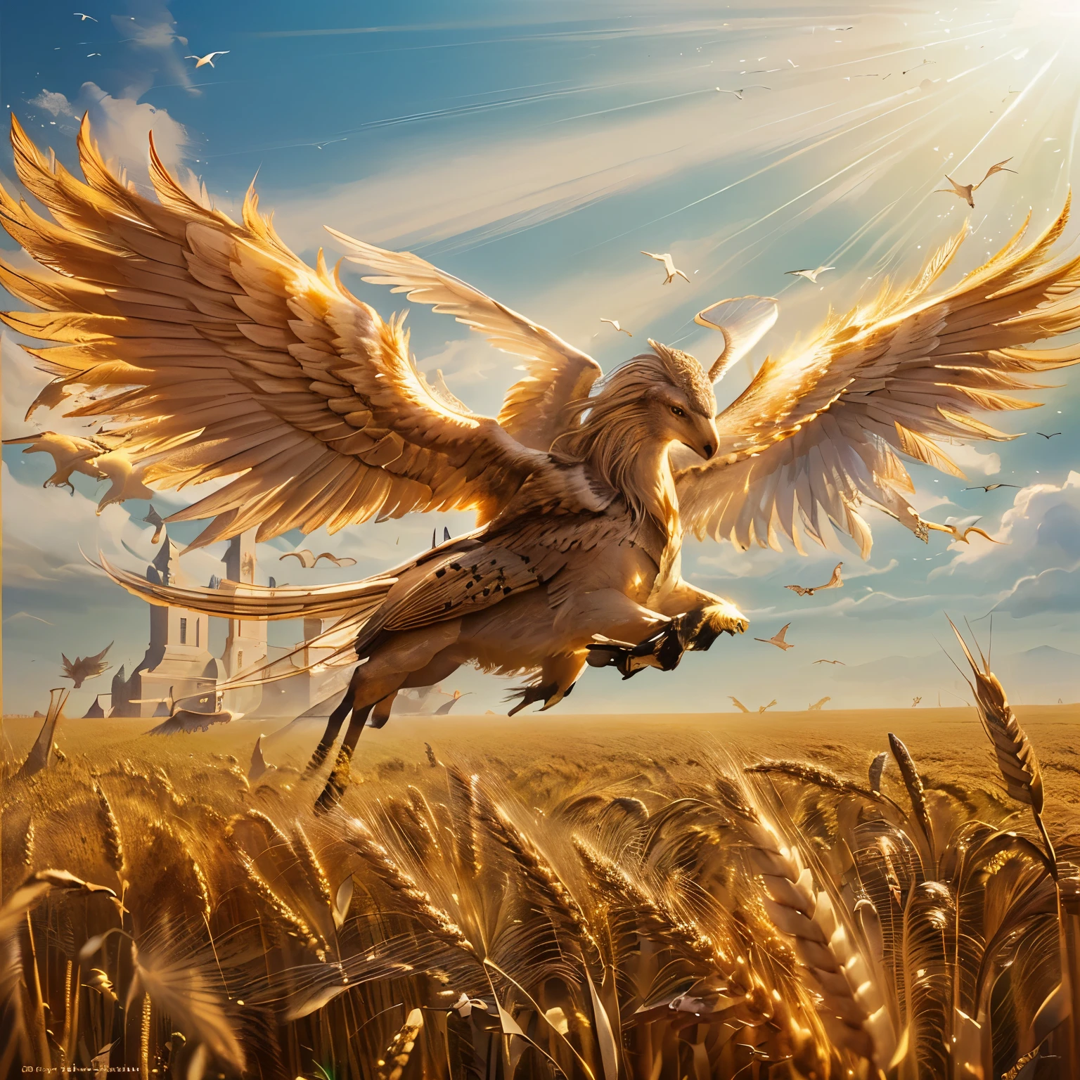 Apparition,There is a bird flying over the wheat field, Mythical creatures, Epic fantasy digital art, flying mythical beasts, Griffon, Spectacular digital art illustration, Beautiful digital art, &#39;&#39;Phoenix Wallpapers, Digital painting of Greek mythology, Spectacular digital art, fantasy Spectacular digital art, epic digital painting, a Mythical creatures, Awesome Wallpapers, Mythical creaturess, 4K Fantasy Art