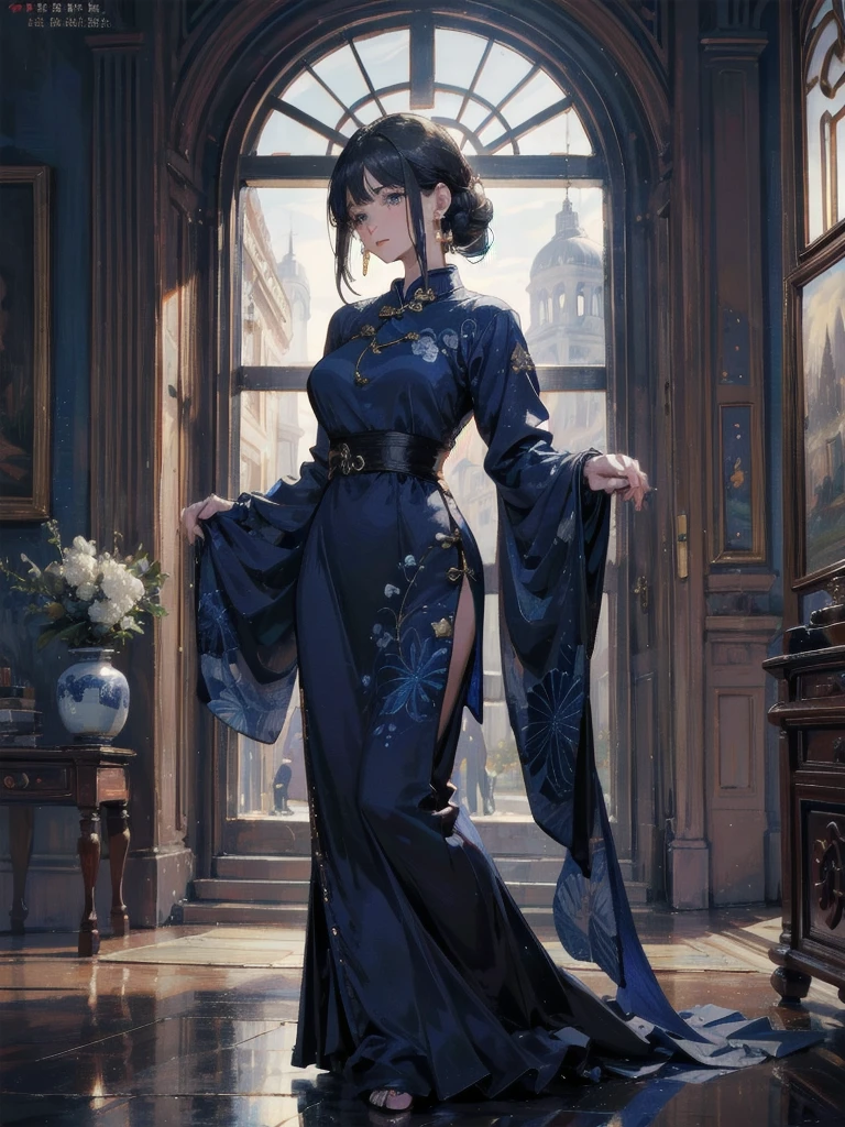 absurdres, RAW photo, extremely delicate and beautiful, masterpiece, Best Quality, ultra high resolution, 32k, hyperrealistic, ultra-detailed, detailed background, landscape, perfect anatomy, anatomically correct, perfect figure, Perfect Style, Perfect balance, super Detailed skin, in her 30s, very Slim body, narrow waist, very small head, very small face, delicate facial features, handsome detailed woman, very detailed eyes and face, realistic face proportions, Realistic beautiful face, Realistic beautiful eyes, tearful mole, earring, very huge round tits, full body shot, medium hair, asymmetrical hair, indoor, (indigo cheongsam:1.2),