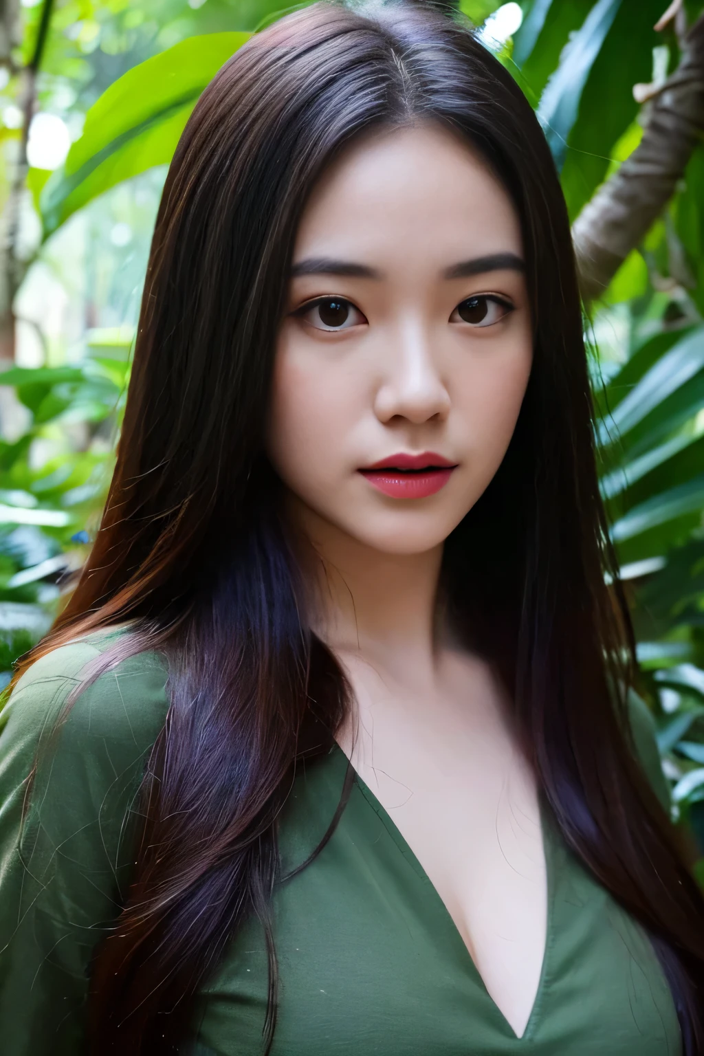 a beautiful jungle girl, extremely detailed face, detailed eyes, detailed lips, flowing long hair, seductive expression, wearing only green leaves, standing in a lush tropical jungle, sunlight filtering through the canopy, vibrant colors, (best quality,4k,8k,highres,masterpiece:1.2),ultra-detailed,(realistic,photorealistic,photo-realistic:1.37),cinematic lighting,dramatic color grading