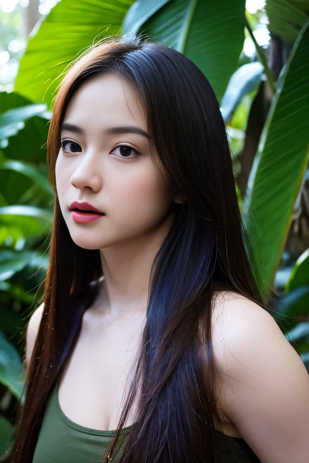 a beautiful jungle girl, extremely detailed face, detailed eyes, detailed lips, flowing long hair, seductive expression, wearing only green leaves, standing in a lush tropical jungle, sunlight filtering through the canopy, vibrant colors, (best quality,4k,8k,highres,masterpiece:1.2),ultra-detailed,(realistic,photorealistic,photo-realistic:1.37),cinematic lighting,dramatic color grading