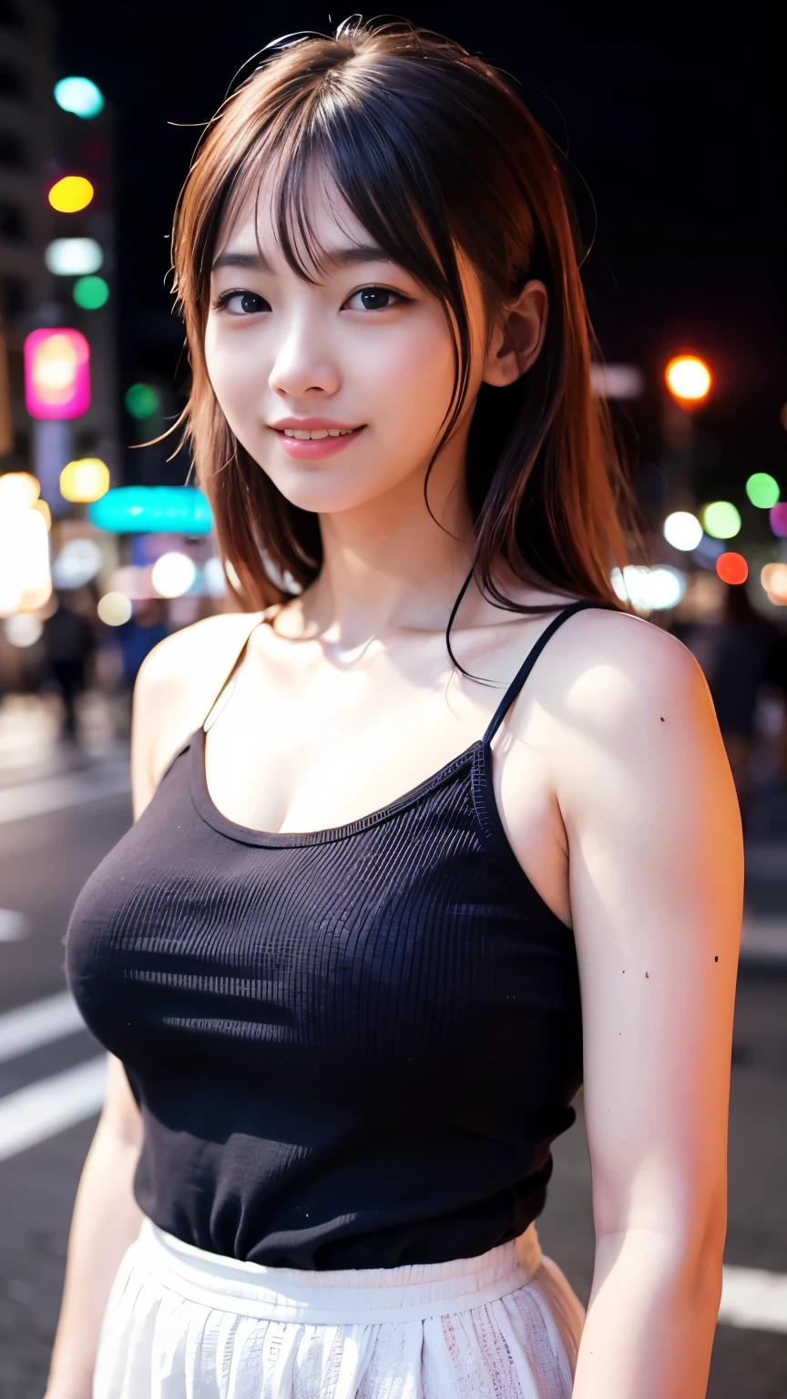 1 girl, Tokyo Street,night, Streetscape,City lights,Upper Body,close,smile,, (8k, RAW Photos, Highest quality, masterpiece:1.2),(Realistic, photo-Realistic:1.37),