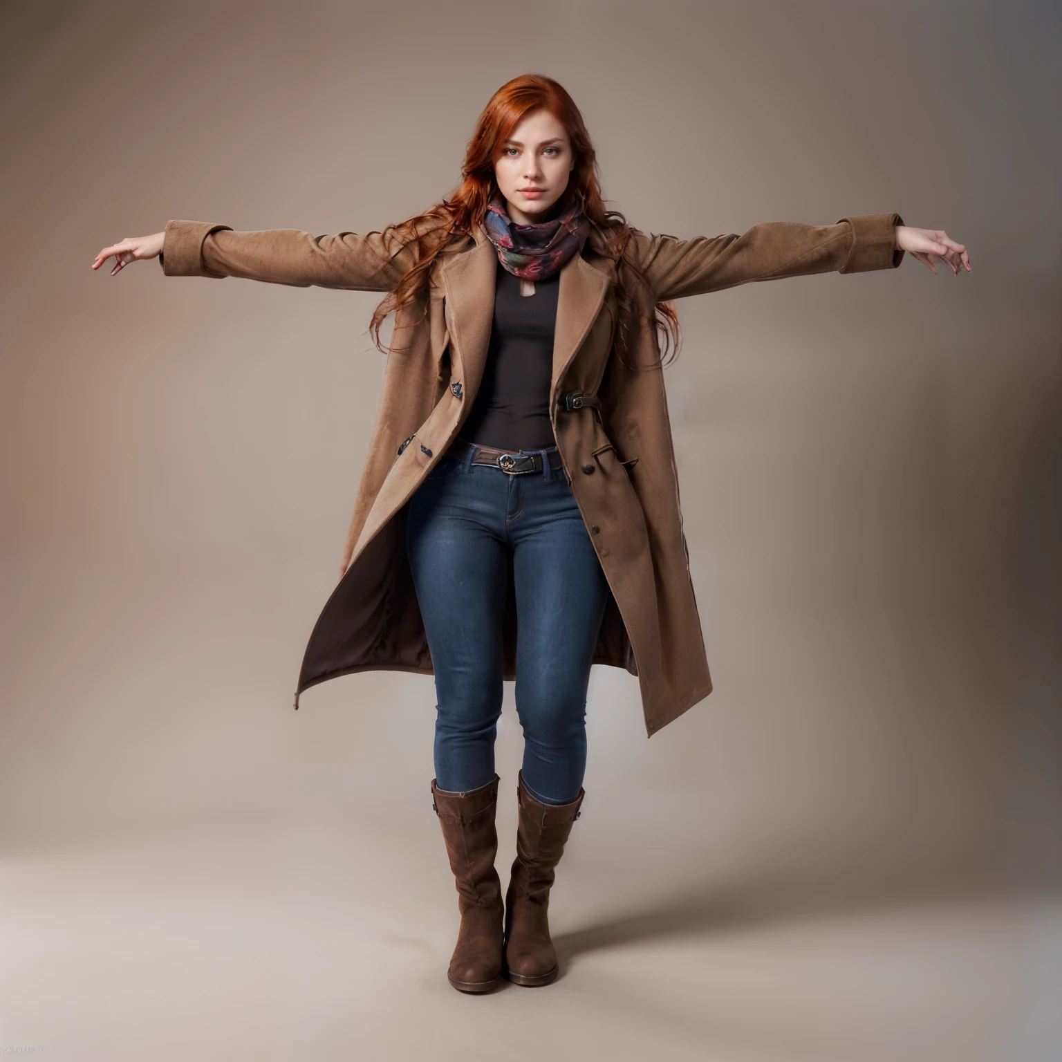 Frontview photo, ((t-pose)), ((pose T)), Beautiful redhead woman in a coat and scarf, alpha background, Brown longcoat, woman is in a light brown trenchcoat and blue jeans, black boots