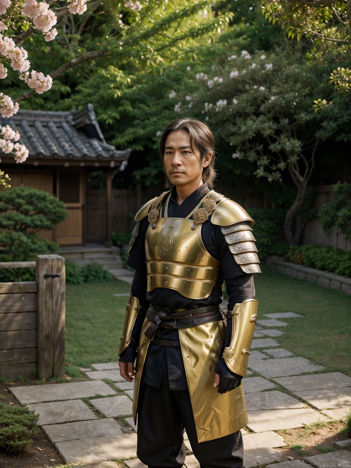 An elderly samurai in traditional armor, now worn and weathered, tending to a small, modest garden behind a weathered cottage. The garden is lush with vibrant flowers and vegetables. The setting is the Japanese countryside during late afternoon, with soft, golden sunlight casting long shadows. The samurai’s face shows weariness and reflection, with a focus on the intricate details of his aged armor and the serene, picturesque background of cherry blossom trees and rolling hills.
Lighting: Soft, golden hour light with a warm, gentle glow. Shadows are long and diffuse, creating a peaceful, contemplative atmosphere.
Depth of Field: Shallow depth of field to highlight the samurai and the foreground details of the garden while softly blurring the background.