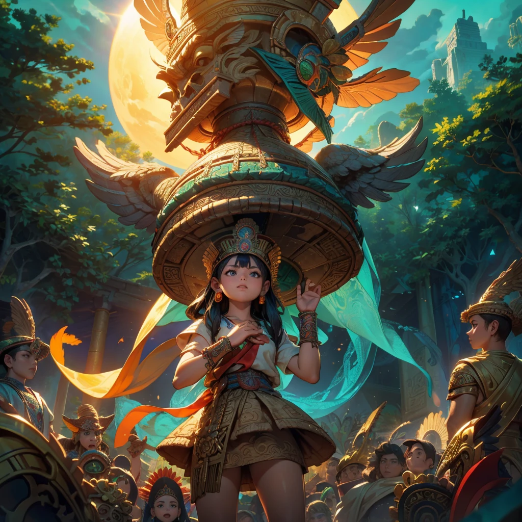 Childish, high quality、Very detailed、8Year、Mayan Aztec young priestess、Flying Feathered Serpent(Quetzalcoatl Kukulkan)Looking up at the sky and offering prayers、Chichen Itza Temple of the Sun in the Forest、mysterious、