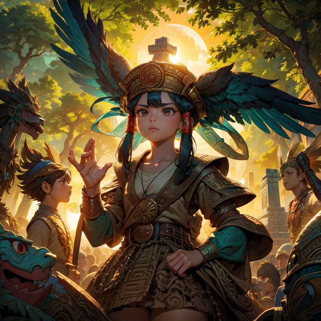 Childish,  high quality、Very detailed、８Year、Mayan Aztec young priestess、Flying Feathered Serpent（Quetzalcoatl Kukulkan）Looking up at the sky and offering prayers、Chichen Itza Temple of the Sun in the Forest、mysterious、