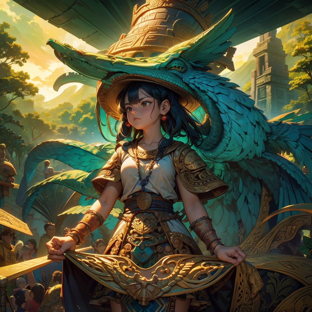 Childish, high quality、Very detailed、8Year、Mayan Aztec young priestess、Flying Feathered Serpent(Quetzalcoatl Kukulkan)Looking up at the sky and offering prayers、Chichen Itza Temple of the Sun in the Forest、mysterious、