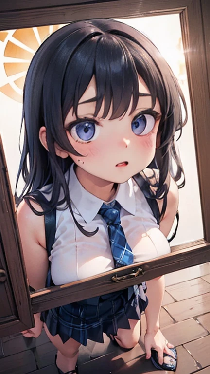 Anime Kawaii sexy Perfect Slim sensual body large breast and huge thighs, An intricate and highly detailed illustration of anime (Young girl). ((Biologically correct member count))、(( full body including face))、4K、work of art、((focus on the face))、((Symmetrical, well-proportioned facial features))、Eyes with delicate representations、(((1 person)))、beautfull woman、Outstanding Style、slenderbody、(((High heels with ankletshinestones sleeveless、plaid hip skirt)))、necktie、(((photo with white frame、photo with white frame)))、((looking up))、unexpressive、(((riverside、stay on the surface of the water)))、(Upper body close-up photo)、greatest angle、dawn、Raby、((A backlit photo with the sun in the background))、Calf tattoo、