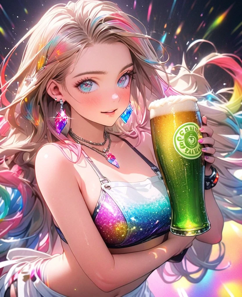 8K,gal,an extremely delicate and beautiful,Beautiful and realistic skin,Shiny jewel-like earrings,Shine like glitter long colorful hair,beautiful eyes,bikini,hot pants,apron,carry beer,glitter background,full body