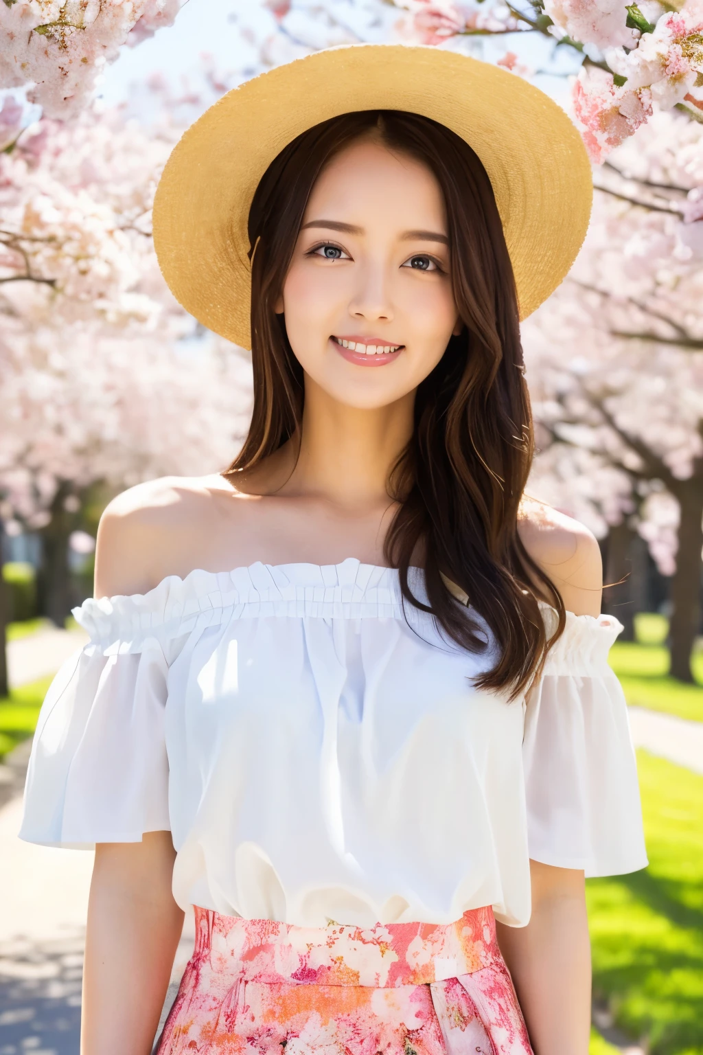 (Highest quality、Tabletop、8k、Best image quality、Hyperrealism)、Accurate anatomy、The best smile、(Close-up of face:1.1)、(White off-the-shoulder blouse with large frills:1.2)、(Elegant and cute light pink flared skirt:1.2)、Blurry park background、Blurred cherry blossoms in full bloom、Are standing、(Very bright and vivid:1.2)、(Bright and glowing skin:1.3)、(Beautiful sunny sky:1.2)、The perfect straw hat