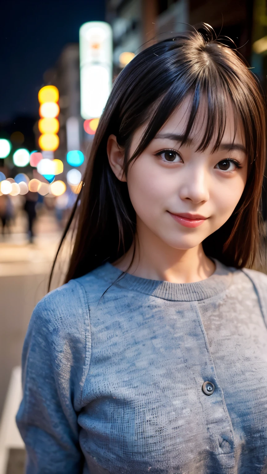 1 girl, Tokyo Street,night, Streetscape,City lights,Upper Body,close,smile,, (8k, RAW Photos, Highest quality, masterpiece:1.2),(Realistic, photo-Realistic:1.37),