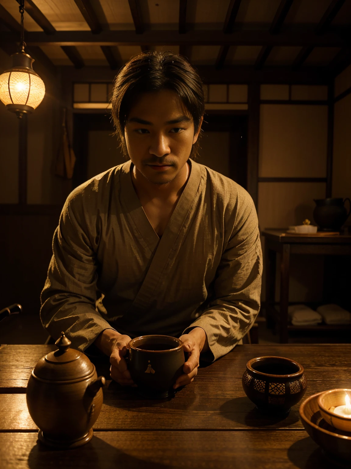 The old samurai, seated alone at a small wooden table in his cottage, sipping tea from a simple ceramic cup. The room is dimly lit by a small oil lamp, with warm, ambient light creating a cozy yet melancholic atmosphere. The background includes traditional Japanese décor—simple wooden furniture and hanging scrolls. The samurai’s expression is one of solitude and introspection.
Lighting: Soft, warm light from the oil lamp with subtle shadows, creating a calm, intimate ambiance.
Depth of Field: Shallow depth of field to focus on the samurai and the tea cup, with a blurred background that emphasizes the solitude of the scene.