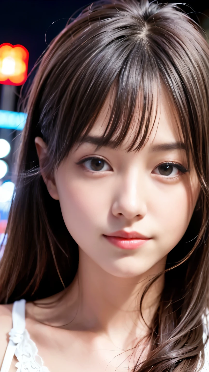 1 girl, Tokyo Street,night, Streetscape,City lights,Upper Body,close,smile,, (8k, RAW Photos, Highest quality, masterpiece:1.2),(Realistic, photo-Realistic:1.37),