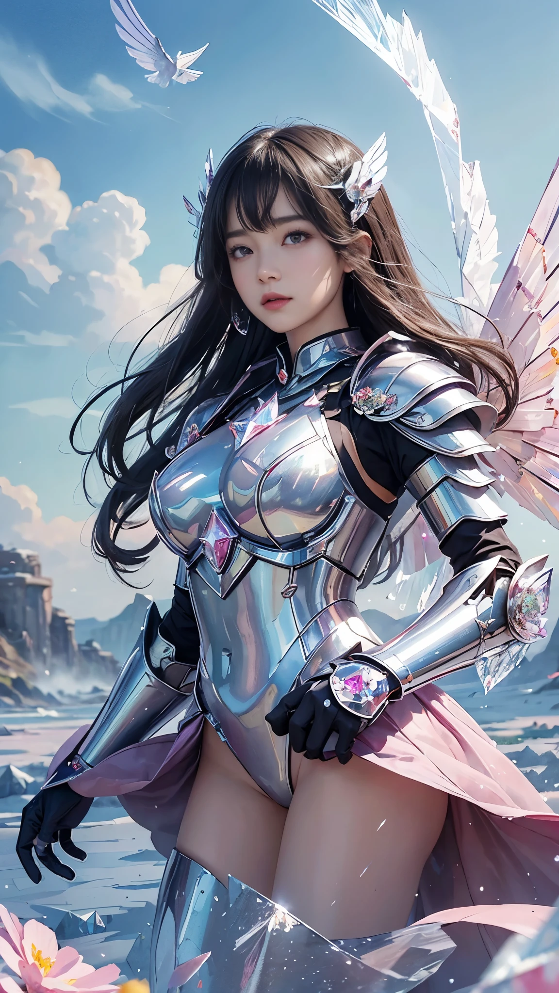 school_uniform,adorable_girl,fair_skin,cowboy_shot,huge filesize,wallpaper,colorful,scarlet_moon,mecha clothes, robot girl, sliver bodysuit,((sliver)) and (broken) body,((breeze)), flying splashes, flying petals, wind,(((gorgeous crystal armor))),(((crystal wings))),((altocumulus)),(clear_sky),(snow mountain),((flowery flowers)),(flowery bubbles),cloud map plane, crystal, crystal poppies,Brilliant light, thick_coating, glass tint,(watercolor),fighting,