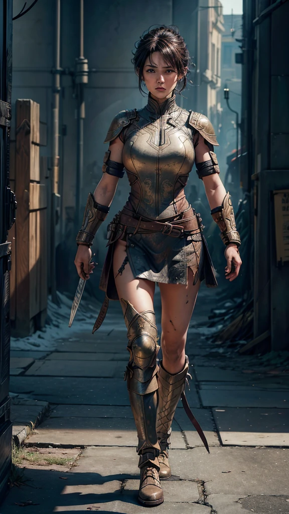 Female warrior, athletic build, realistic human anatomy, detailed facial features, weathered leather armor with intricate details, practical combat boots, no helmet, short dark hair, serious expression, dynamic pose, cinematic lighting, hyperrealistic, 8k resolution, intricate textures, focus on character, no background, Artgerm style influence