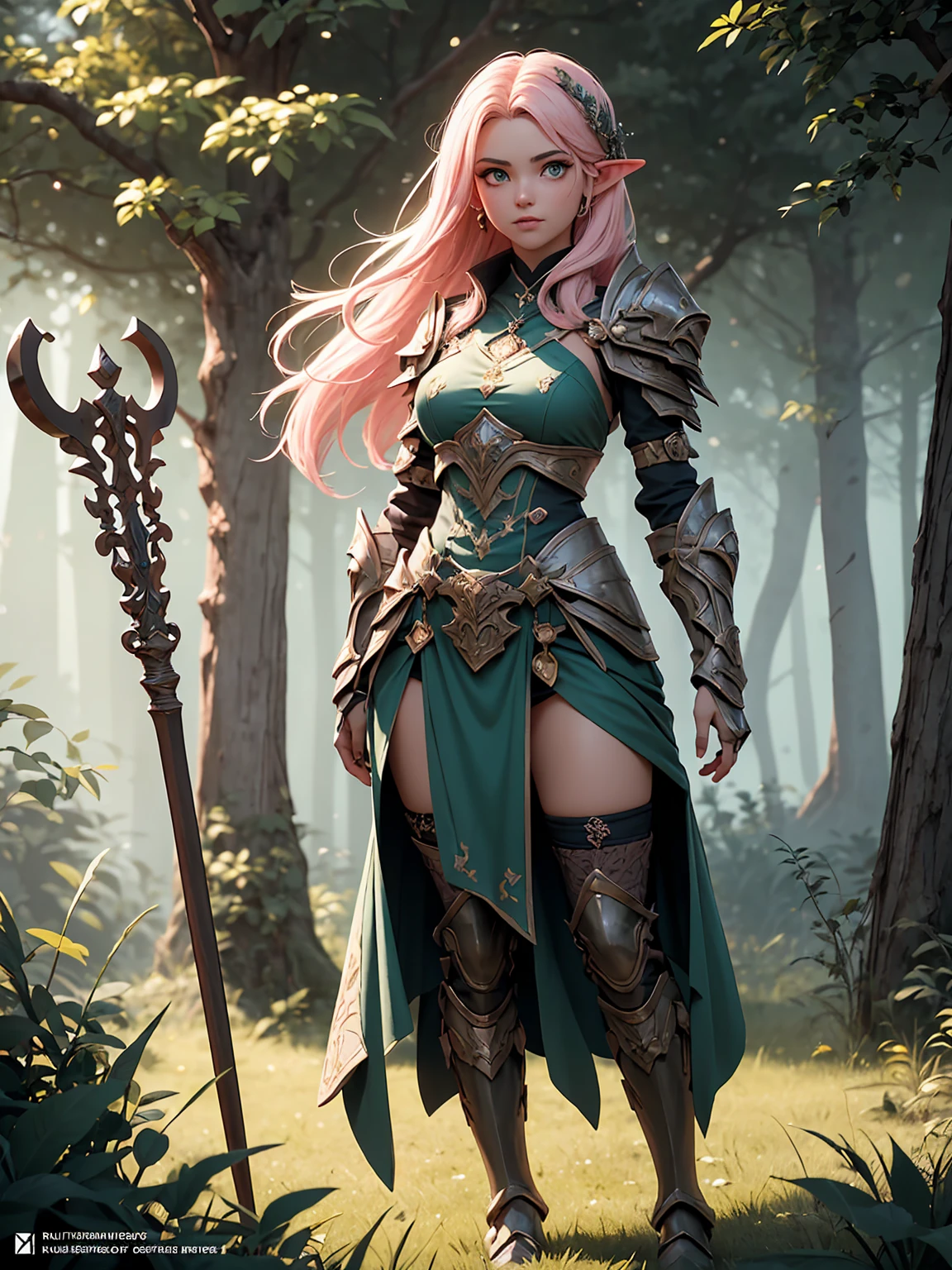 (((Masterpiece, best quality, high detailed, 8k))) Design a layout showcase Gaming character, (1girl). Light pink hair, green eyes, wearing a futuristic armor, wielding an empowering spear. (masterpiece:1.2), (best quality), ultra-detailed. (Step by step design, layout art:1.5), (luminous lighting, atmospheric lighting). Majestic elf in a magnificent forest with beautiful lighting. ((glove full hands)), intricate vambraces, high-tech legwear, (((full_body_shot:1.4))). The elf stands gracefully amidst ancient, towering trees, their leaves shimmering with a magical glow. The futuristic armor, a blend of sleek metal and glowing energy lines, contrasts beautifully with the natural surroundings. Her light pink hair flows softly around her, framing her elegant face with piercing green eyes that radiate wisdom and strength. The empowering spear she holds is adorned with mystical runes and a radiant crystal at its tip, pulsing with an ethereal light. She exudes an aura of power and serenity, perfectly harmonized with the enchanting beauty of the forest around her. Art style inspired by Artgerm, Kawacy, and Wadim Kashin.