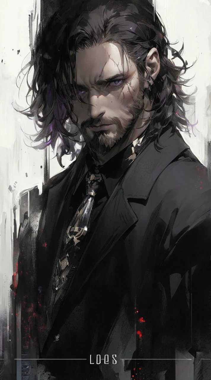 ((A 34-year-old white man)), ((dark brown hair with purple tips combed back)), ((purple eyes and a full beard)), ((scars on the right side of the lip, another on the right eye and one on the left side of the forehead)), ((black overcoat and red dress vest underneath)).