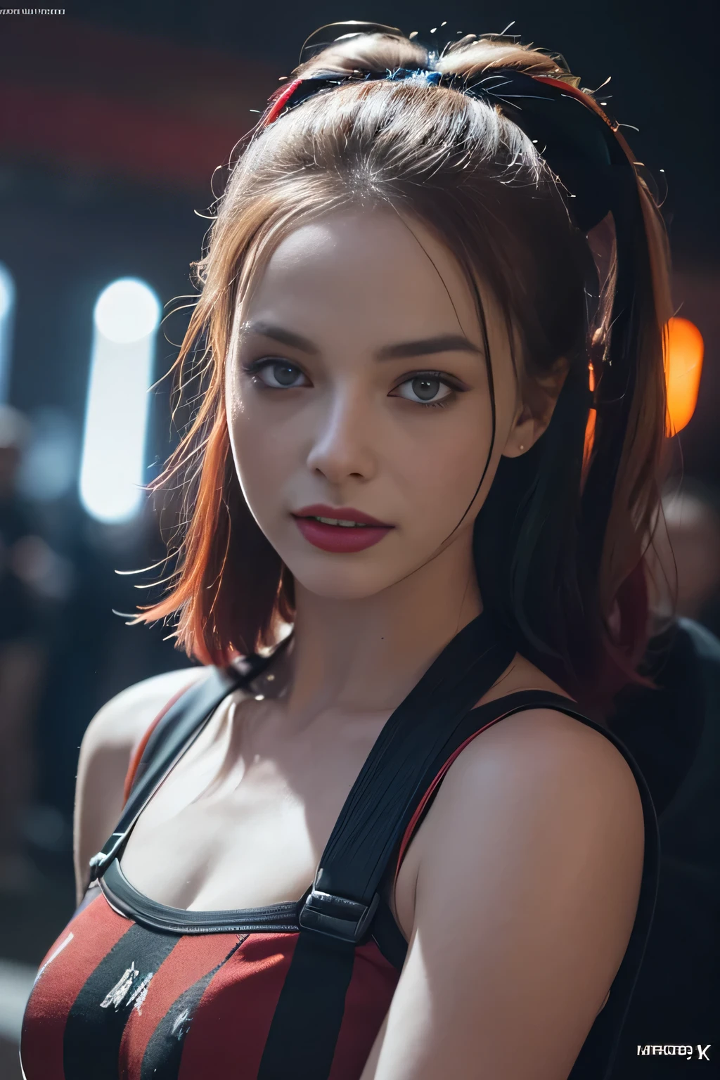 Portrait of Margot Robbie as clown at the crowdy party, wearing closed Black-Red clown suit, harley quinn style, her face is illuminated by neon lights, looks like harley quinn, violet color, he stands, model shooting style (extremely detailed CG unity 8k wallpaper), full frame photography of the most beautiful work of art in the world, professional, trending on ArtStation, trending on CGSociety, intricate, highly detailed, clear focus, dramatic, photorealistic painting by Midjourney and Greg Rutkowski