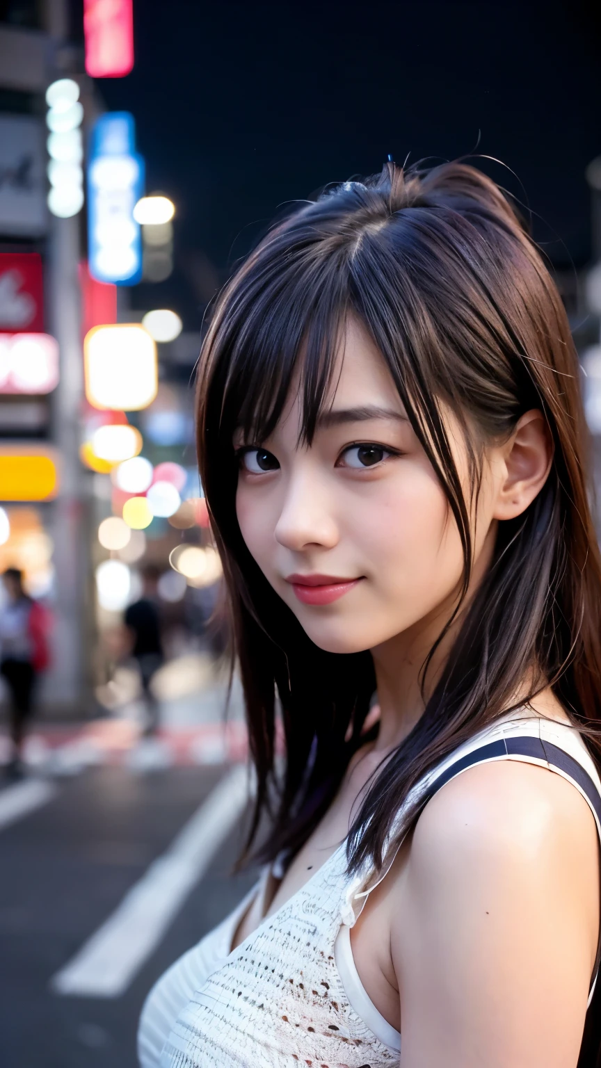 1 girl, Tokyo Street,night, Streetscape,City lights,Upper Body,close,smile,, (8k, RAW Photos, Highest quality, masterpiece:1.2),(Realistic, photo-Realistic:1.37),