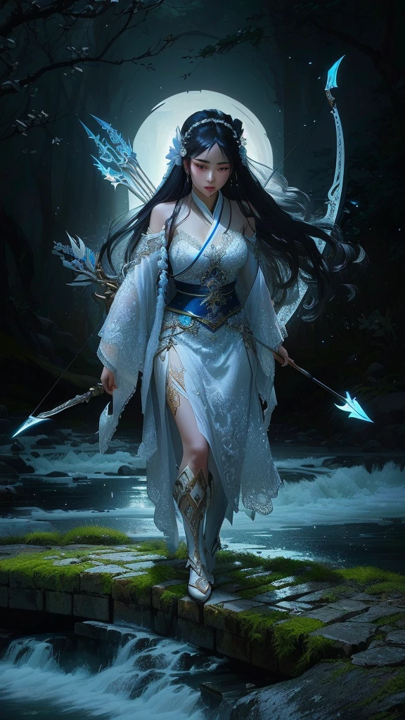 Apparition,Arabian woman in a white dress holding a bow and arrow, Chengwei Pan at Art Station, Inspired by Chen Yifei, cgsociety と fenghua zhong, Full body fairy, Inspired by Ai Xuan, Lostrun 8k, Beautiful full body concept art, Concept art of Phong Zhu, north adult female warrior, Jinnah Chan