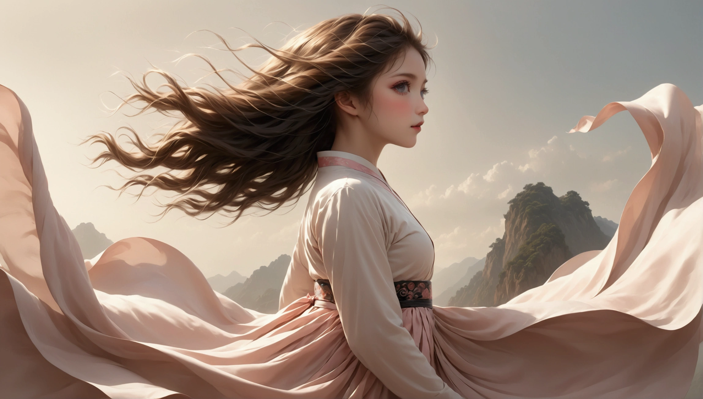 Full body portrait；Beautiful dance photography；A little girl，Solitary；A dancing little girl；[Black Eyeball，confidence，High and cold，happy]；[Long skirt，Long sleeve；Set，Light pink and white gradient，Traditional style，The skirt has no pattern，Long skirt下摆像花瓣布满背景,Petal pattern，The background is petals and skirt,]；[Chinese dance]，[[[Full body panorama 1.1]]]，front；Long hair in the wind,advanced sense,Fashion, Still photography, Loop video, Fascinating movement, captivating visuals, Seamless integration, Compelling storytelling, Vortex phenomenon, Angled form, Dynamic Movement, Bold Geometric Shapes, Fragment shape, sharp contrast, Influence of modernism, nature, , modern Art, Astonishing, Unreal Background, Art from (Alessio Albi:1.1), Soft lighting, happy emotion,(close up, Face Focus), (Fractal Art) Extremely detailed,The most beautiful form of chaos, elegant； Simple style；Minimalism。Panoramic photography；Depth of Field, Extraordinary details, masterpiece, high quality, 4K，cinematic lighting, motion blur, depth of field, sparkle, ray tracing, reflection light, anatomically correct, uhd, textured skin, best quality, super detail, highres, high details, accurate, high quality, award winning。