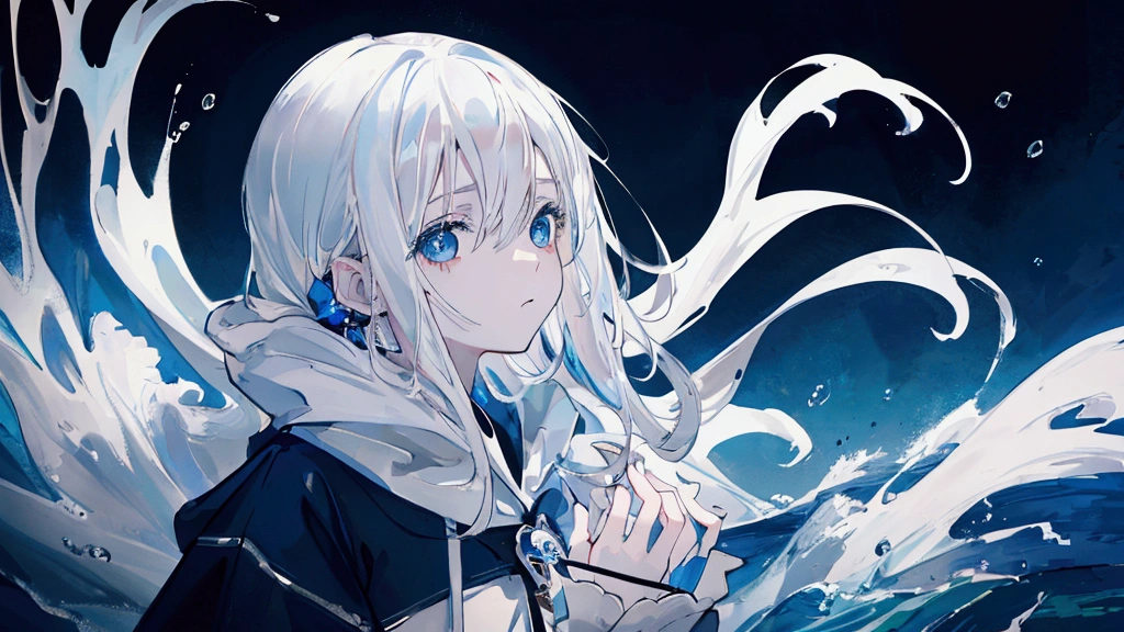 (cinematic), (gloomy), (sad), (masterpiece), (high detail), (album cover), 25 years old lady with blue eyes and white hair wearing white hoodie and black skirt. drowning to deep ocean