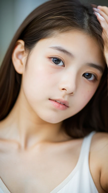 lens: 135mm f1.8, (Highest quality), (Beautiful 14 year old Japanese girl), (Moisturized lips), Narrow eyes, double eyelid, Delicate clavicle, Flat Chest , I'm ashamed of my smallness, Underdeveloped breasts, smile, (Spotted sunlight: 1.2), Professional Lighting, (Petite figure), (Sunburned skin: 0.2), Full body photo, Full Body Focus, (Stand upright)、A proper honor student、Slender body、(White dress A:1.5)、boyish, very very短い髪、Stylish white bedroom、Ribbon on chest、Sweep all your hair back、Full body angle、Going into the sea barefoot