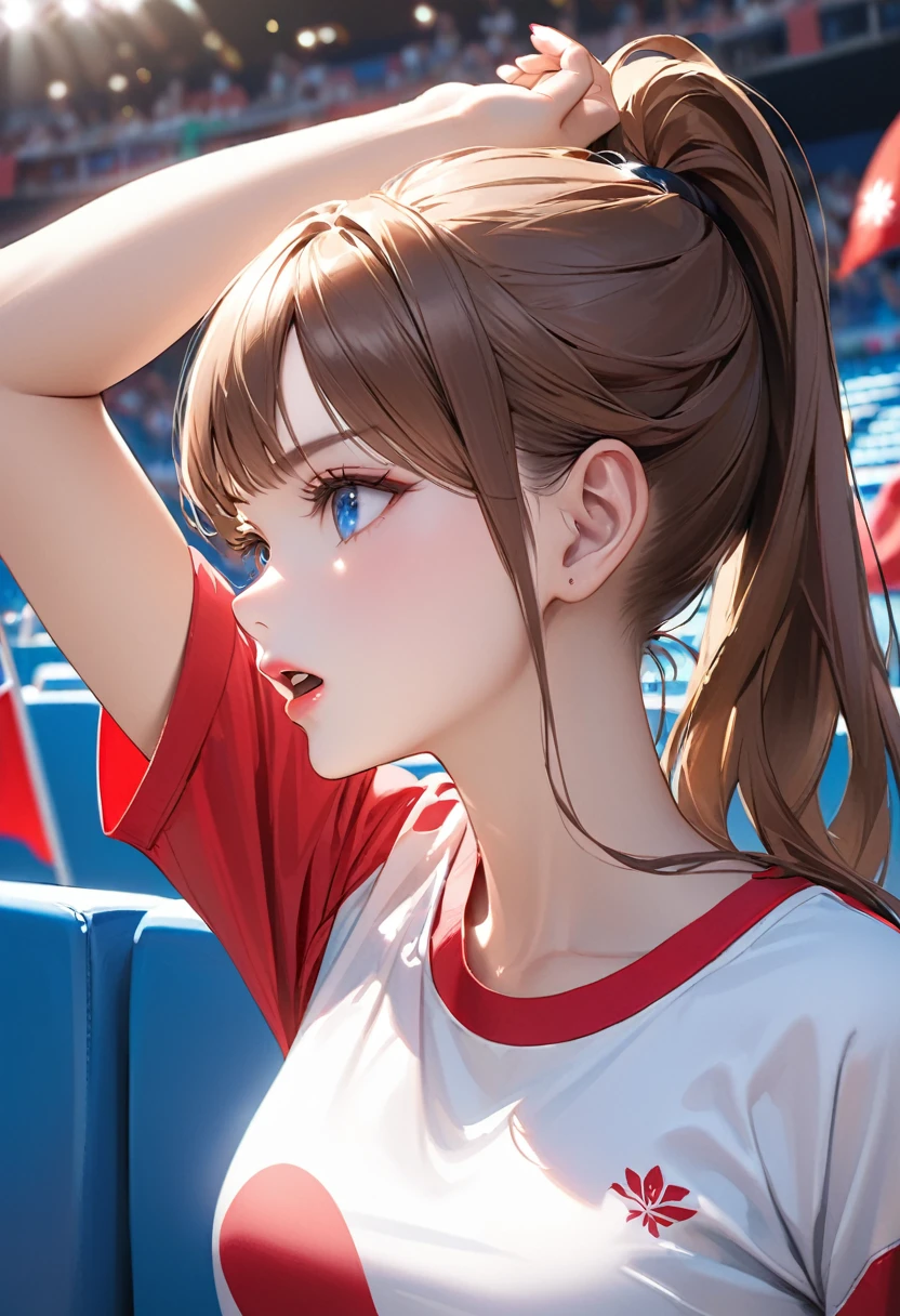 Highest quality, masterpiece, Ultra-high resolution, Realistic:1.2, RAW Photos, Intricate details, Portraiture,　Big beautiful blue eyes:1.2, Perfect contours, Girl, break　((upper body:1.2, ((side shot:1.3)), looking away:1.2)), ((petite, short, tiny girl:1.2)), Brown Hair、((long heir, high ponytail:1.2)), (makeup:1.2, full lips:1.3, pink lips:1.2, shiny lips:1.2), ((Spectators cheering on the Olympics:1.2, Wearing a T-shirt with a Japanese flag design:1.2), break　(Cheer by extending your elbow and raising one arm above your head、Angry and aggressive facial expression:1.2、Opening his mouth wide and shouting loudly:1.2)、 (Audience seats in the background:1.2、A large audience々Waving the flag)、